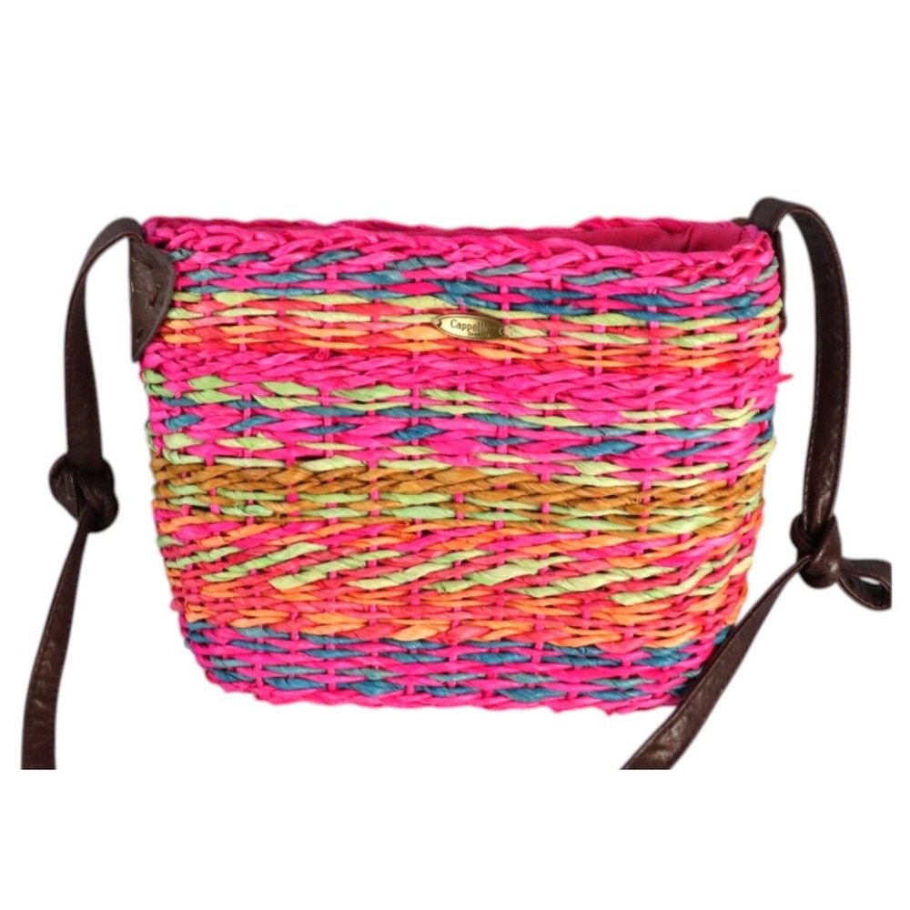 VTG CAPPELLI Straworld WOVEN STRAW PINK/RAINBOW Shoulder Bag Purse BROWN LEATHER